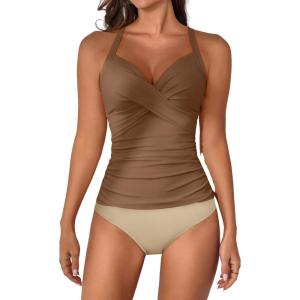 imageB2prity Womens Ruched Tankini Swimsuits V Neck Wrap Tie Back Two Pieces Bathing Suit Tummy Control SwimwearBrown  Beige