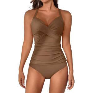 imageB2prity Womens Ruched Tankini Swimsuits V Neck Wrap Tie Back Two Pieces Bathing Suit Tummy Control SwimwearBrown