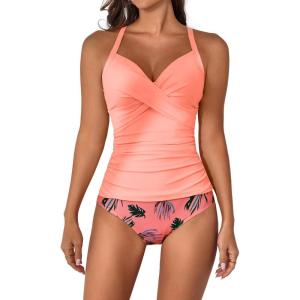imageB2prity Womens Ruched Tankini Swimsuits V Neck Wrap Tie Back Two Pieces Bathing Suit Tummy Control SwimwearPink