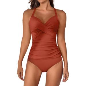 imageB2prity Womens Ruched Tankini Swimsuits V Neck Wrap Tie Back Two Pieces Bathing Suit Tummy Control SwimwearReddish Brown