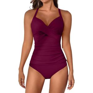 imageB2prity Womens Ruched Tankini Swimsuits V Neck Wrap Tie Back Two Pieces Bathing Suit Tummy Control SwimwearWine Red