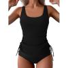 imageB2prity Tummy Control Tankini Swimsuit for Women Ruched Two Piece Bathing Suit Drawstring Swimwear with BottomBlack