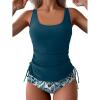imageB2prity Tummy Control Tankini Swimsuit for Women Ruched Two Piece Bathing Suit Drawstring Swimwear with BottomPeacock Blue printed