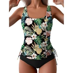 imageB2prity Tummy Control Tankini Swimsuit for Women Ruched Two Piece Bathing Suit Drawstring Swimwear with BottomBlack printed