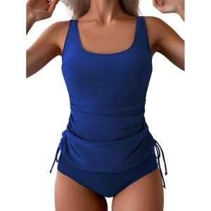 imageB2prity Tummy Control Tankini Swimsuit for Women Ruched Two Piece Bathing Suit Drawstring Swimwear with BottomBlue
