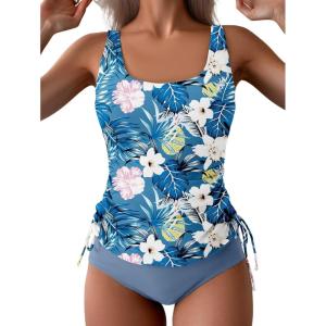 imageB2prity Tummy Control Tankini Swimsuit for Women Ruched Two Piece Bathing Suit Drawstring Swimwear with BottomBlue printed