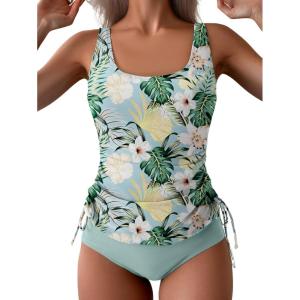 imageB2prity Tummy Control Tankini Swimsuit for Women Ruched Two Piece Bathing Suit Drawstring Swimwear with BottomGreen printed