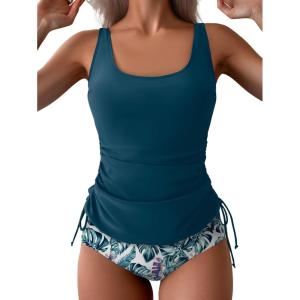 imageB2prity Tummy Control Tankini Swimsuit for Women Ruched Two Piece Bathing Suit Drawstring Swimwear with BottomPeacock Blue printed