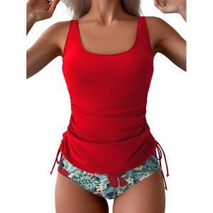 imageB2prity Tummy Control Tankini Swimsuit for Women Ruched Two Piece Bathing Suit Drawstring Swimwear with BottomRed printed