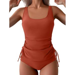 imageB2prity Tummy Control Tankini Swimsuit for Women Ruched Two Piece Bathing Suit Drawstring Swimwear with BottomRedbrown