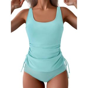imageB2prity Tummy Control Tankini Swimsuit for Women Ruched Two Piece Bathing Suit Drawstring Swimwear with BottomSky Blue