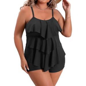 imageB2prity Women Plus Size Tankini Swimsuits Tummy Control Two Piece Bathing Suit Ruffled Flounce Swimwear with ShortsBlack