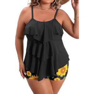 imageB2prity Women Plus Size Tankini Swimsuits Tummy Control Two Piece Bathing Suit Ruffled Flounce Swimwear with ShortsBlacksunflower