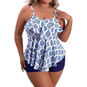 imageB2prity Women Plus Size Tankini Swimsuits Tummy Control Two Piece Bathing Suit Ruffled Flounce Swimwear with ShortsBlue white
