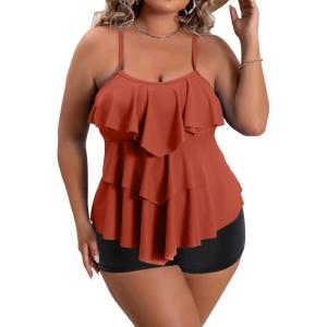 imageB2prity Women Plus Size Tankini Swimsuits Tummy Control Two Piece Bathing Suit Ruffled Flounce Swimwear with ShortsBrickred