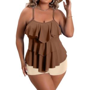 imageB2prity Women Plus Size Tankini Swimsuits Tummy Control Two Piece Bathing Suit Ruffled Flounce Swimwear with ShortsBrown  Beige