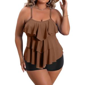 imageB2prity Women Plus Size Tankini Swimsuits Tummy Control Two Piece Bathing Suit Ruffled Flounce Swimwear with ShortsBrown  Black
