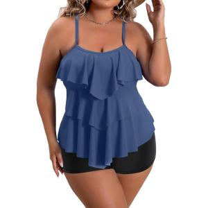 imageB2prity Women Plus Size Tankini Swimsuits Tummy Control Two Piece Bathing Suit Ruffled Flounce Swimwear with ShortsDark Slate Blue