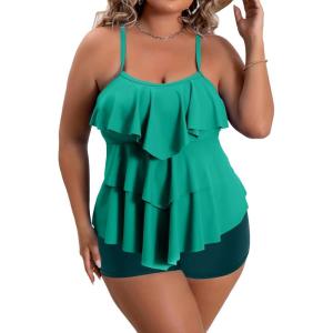 imageB2prity Women Plus Size Tankini Swimsuits Tummy Control Two Piece Bathing Suit Ruffled Flounce Swimwear with ShortsGreen  Dark Green