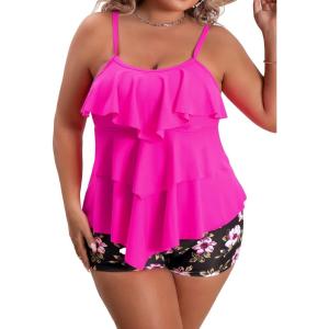 imageB2prity Women Plus Size Tankini Swimsuits Tummy Control Two Piece Bathing Suit Ruffled Flounce Swimwear with ShortsHot Pink