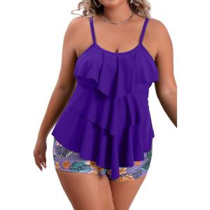 imageB2prity Women Plus Size Tankini Swimsuits Tummy Control Two Piece Bathing Suit Ruffled Flounce Swimwear with ShortsLavender Purple
