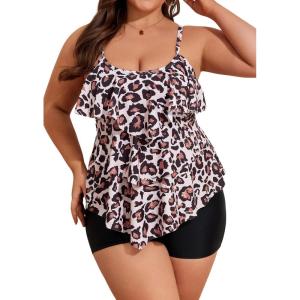 imageB2prity Women Plus Size Tankini Swimsuits Tummy Control Two Piece Bathing Suit Ruffled Flounce Swimwear with ShortsLeopard