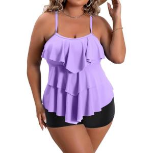 imageB2prity Women Plus Size Tankini Swimsuits Tummy Control Two Piece Bathing Suit Ruffled Flounce Swimwear with ShortsLight Purple