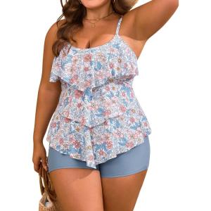 imageB2prity Women Plus Size Tankini Swimsuits Tummy Control Two Piece Bathing Suit Ruffled Flounce Swimwear with ShortsOrange Floral