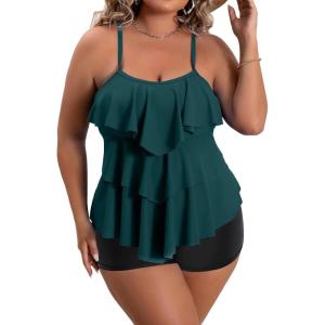 imageB2prity Women Plus Size Tankini Swimsuits Tummy Control Two Piece Bathing Suit Ruffled Flounce Swimwear with ShortsPeacock Green  Black