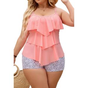 imageB2prity Women Plus Size Tankini Swimsuits Tummy Control Two Piece Bathing Suit Ruffled Flounce Swimwear with ShortsPink  Black Spot
