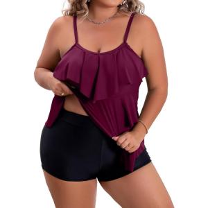 imageB2prity Women Plus Size Tankini Swimsuits Tummy Control Two Piece Bathing Suit Ruffled Flounce Swimwear with ShortsPurple