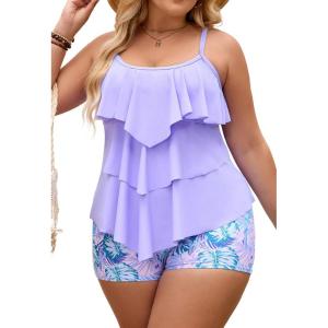 imageB2prity Women Plus Size Tankini Swimsuits Tummy Control Two Piece Bathing Suit Ruffled Flounce Swimwear with ShortsPurple Leaf Print