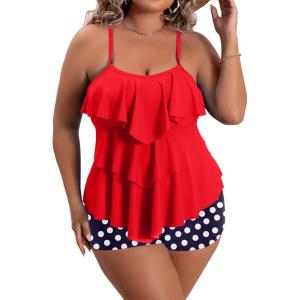 imageB2prity Women Plus Size Tankini Swimsuits Tummy Control Two Piece Bathing Suit Ruffled Flounce Swimwear with ShortsRed white Dots