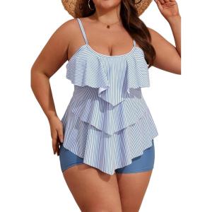 imageB2prity Women Plus Size Tankini Swimsuits Tummy Control Two Piece Bathing Suit Ruffled Flounce Swimwear with ShortsStripe
