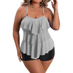 imageB2prity Women Plus Size Tankini Swimsuits Tummy Control Two Piece Bathing Suit Ruffled Flounce Swimwear with ShortsWhite Stripe