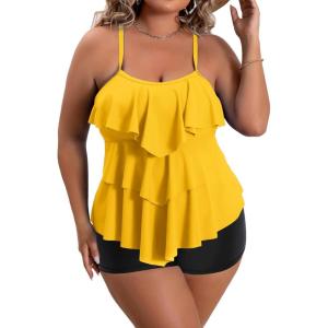 imageB2prity Women Plus Size Tankini Swimsuits Tummy Control Two Piece Bathing Suit Ruffled Flounce Swimwear with ShortsYellow