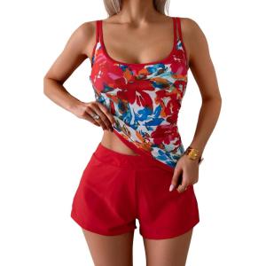imageB2prity Womens Tankini Swimsuits Sporty Tummy Control Two Piece Bathing Suit Color Block Ruched SwimwearRed Floral red