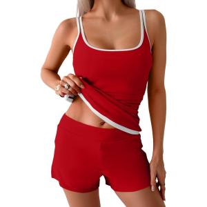 imageB2prity Womens Tankini Swimsuits Sporty Tummy Control Two Piece Bathing Suit Color Block Ruched SwimwearRed white
