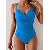 imageB2prity One Piece Swimsuit Tummy Control Criss Cross Bathing Suit Slimming Ruched Swim Suit Push Up V Neck SwimwearBlue