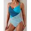 imageB2prity One Piece Swimsuit Tummy Control Criss Cross Bathing Suit Slimming Ruched Swim Suit Push Up V Neck SwimwearBlue Color Block