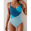imageB2prity One Piece Swimsuit Tummy Control Criss Cross Bathing Suit Slimming Ruched Swim Suit Push Up V Neck SwimwearBlue Color Block