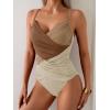 imageB2prity One Piece Swimsuit Tummy Control Criss Cross Bathing Suit Slimming Ruched Swim Suit Push Up V Neck SwimwearBrown Color Block
