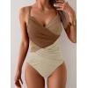 imageB2prity One Piece Swimsuit Tummy Control Criss Cross Bathing Suit Slimming Ruched Swim Suit Push Up V Neck SwimwearBrown Color Block
