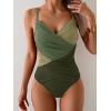 imageB2prity One Piece Swimsuit Tummy Control Criss Cross Bathing Suit Slimming Ruched Swim Suit Push Up V Neck SwimwearGreen Color Block
