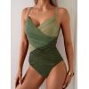 imageB2prity One Piece Swimsuit Tummy Control Criss Cross Bathing Suit Slimming Ruched Swim Suit Push Up V Neck SwimwearGreen Color Block