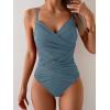 imageB2prity One Piece Swimsuit Tummy Control Criss Cross Bathing Suit Slimming Ruched Swim Suit Push Up V Neck SwimwearGrey Blue