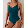 imageB2prity One Piece Swimsuit Tummy Control Criss Cross Bathing Suit Slimming Ruched Swim Suit Push Up V Neck SwimwearPeacock Green