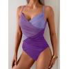 imageB2prity One Piece Swimsuit Tummy Control Criss Cross Bathing Suit Slimming Ruched Swim Suit Push Up V Neck SwimwearPurple Color Block
