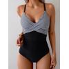 imageB2prity Womens One Piece Swimsuits Tummy Control Front Cross Bathing Suits Tie Back Slimming V Neck SwimwearBlack Stripe