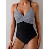 imageB2prity Womens One Piece Swimsuits Tummy Control Front Cross Bathing Suits Tie Back Slimming V Neck SwimwearBlack Stripe